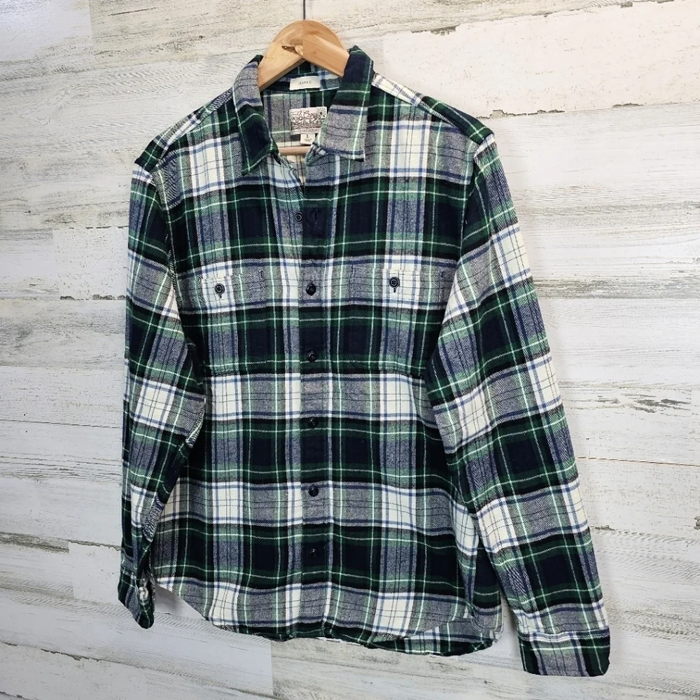 J. Crew Men's Double Brushed Plaid Button Down Shirt Sz Large Mid-Weight Flannel